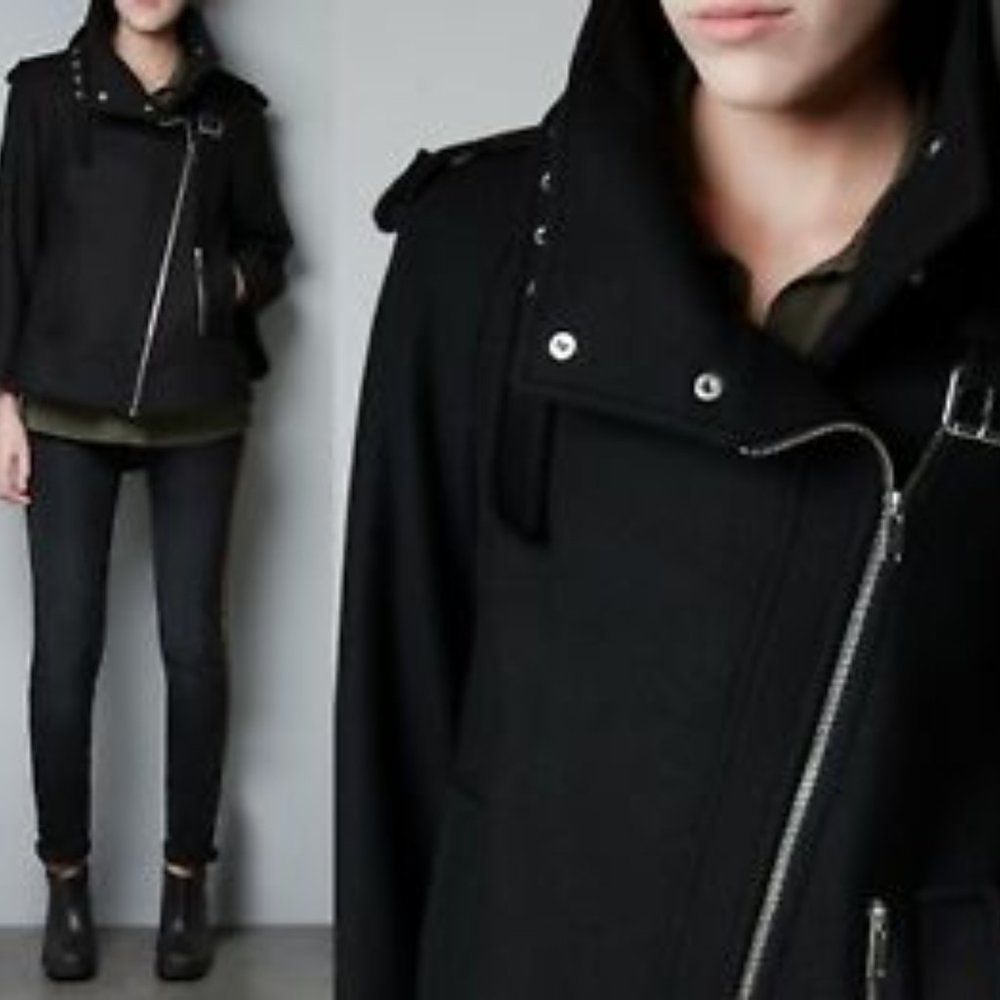 ZARA BLACK MOTORCYCLE CAPE COAT SIZE M